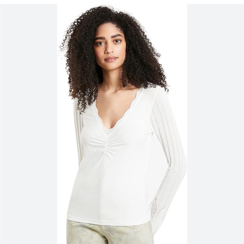 🩷 Desigual White V-Neck Long Sleeve Top with knitted arms